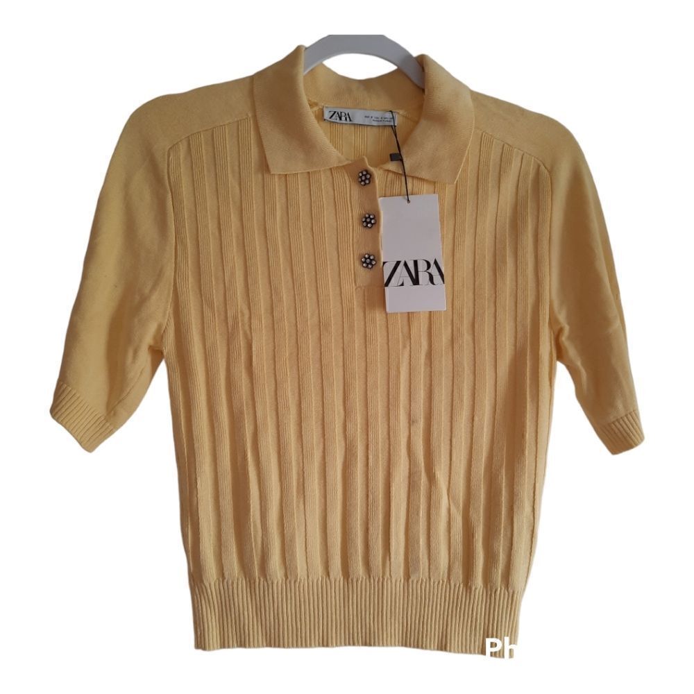 Zara Jewel Button Knit Polo Light Yellow Collared Shirt